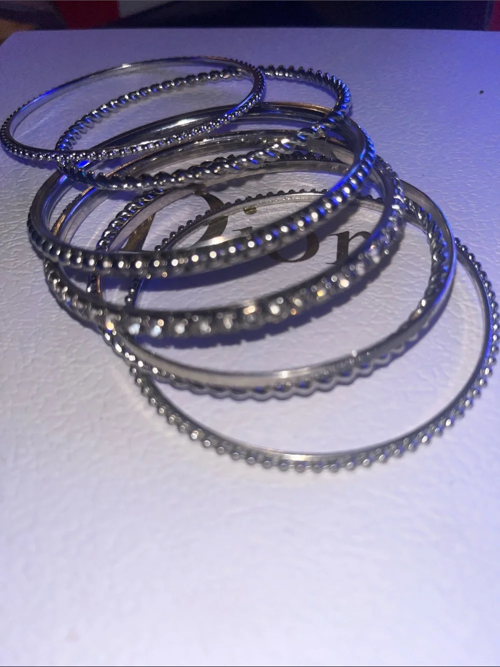 Silver Beaded and Rhinestone Stackable Bangle Bracelet 7 Set - Women Jewelry